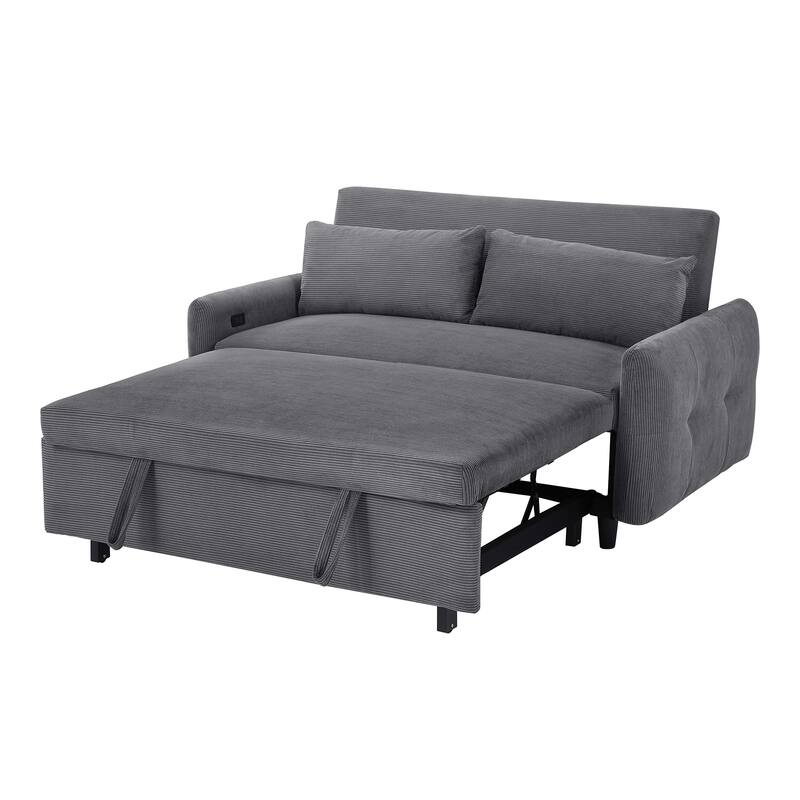 57.48" Corduroy Convertible Sofa Bed with Pull-Out Sleeper, Adjustable Backrest & USB