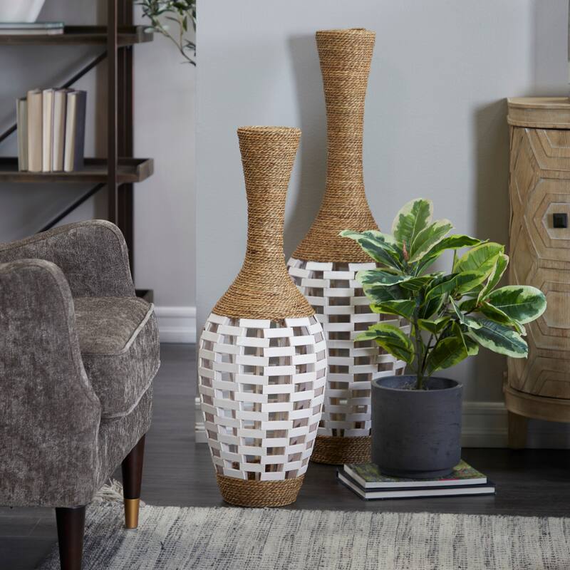 Brown Seagrass Handmade Wrapped Tall Floor Vase with Open Framed Cream Bamboo Center