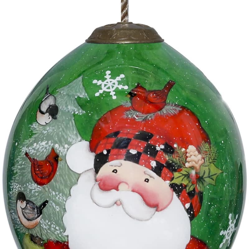 Plaid Santa with Cardinals Hand Painted Mouth Blown Glass Ornament - 4.75" x 2.5" x 2.5"
