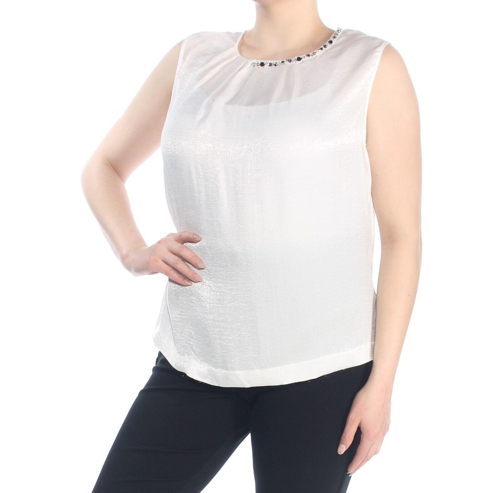 Shop Tahari Womens Ivory Embellished Pleated Sleeveless Jewel Neck