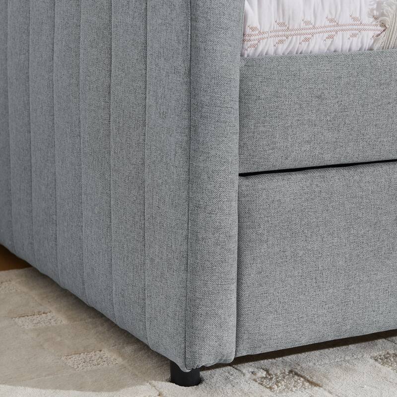 Twin Size Daybed with Trundle Upholstered Sofa Bed, with Vertical Stripes, Linen Fabric, Grey (82.5"x43"x30")