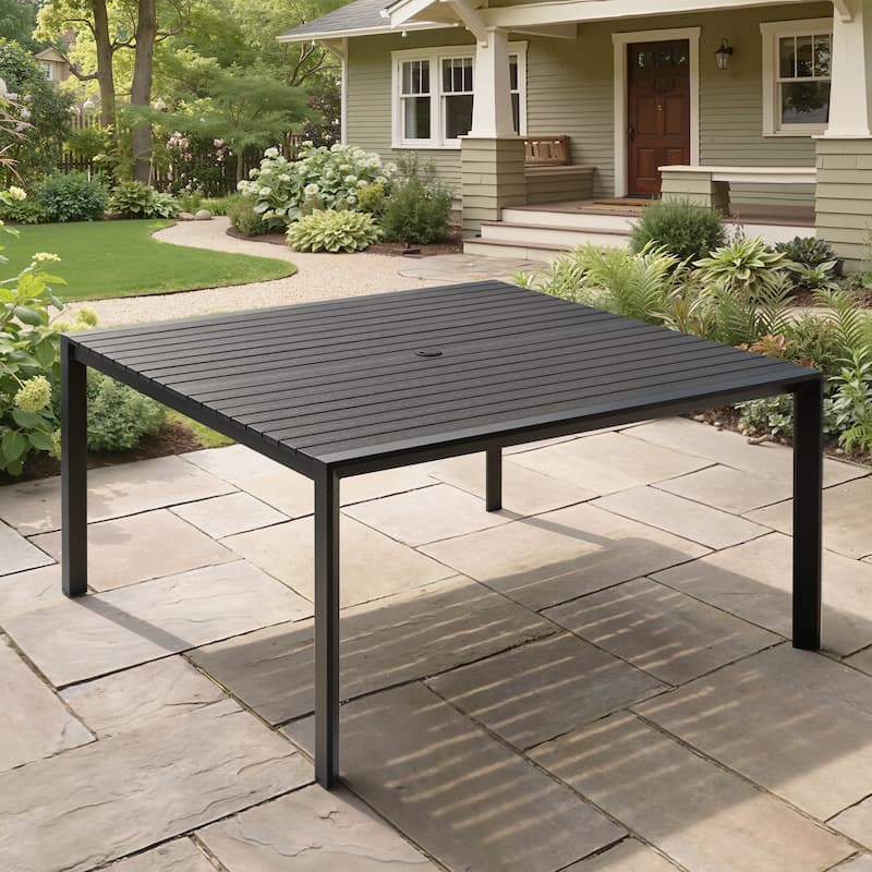 Outdoor All-Weather Aluminum Patio Square Dining Table with Umbrella Hole - Black
