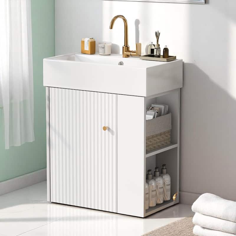 21.6" Modern Floating Bathroom Vanity with Ceramic Sink, Wave-Pattern Door, Rose Gold Handle, Side Storage - White