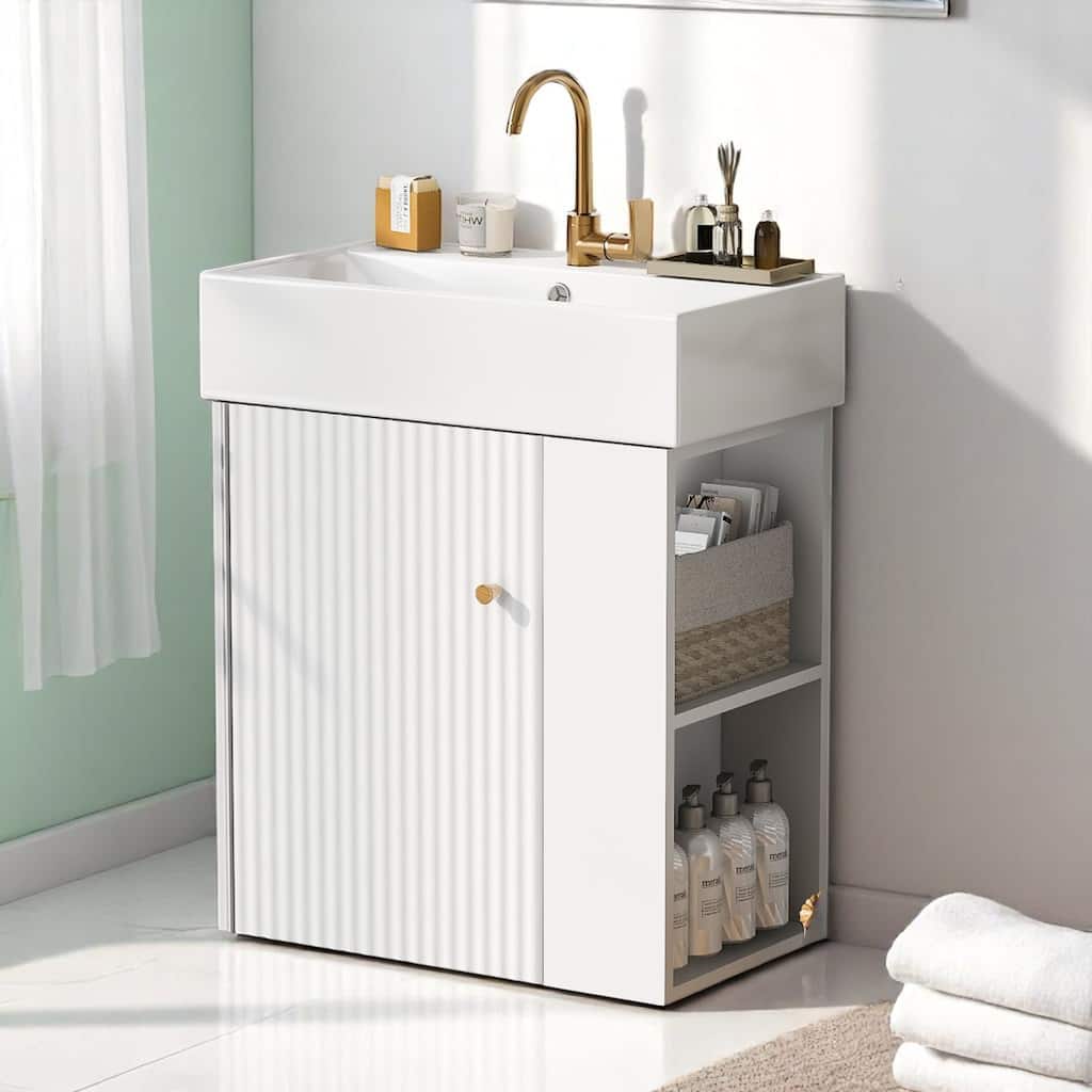 21.6" Modern Floating Bathroom Vanity with Ceramic Sink, Wave-Pattern Door, Rose Gold Handle, Side Storage