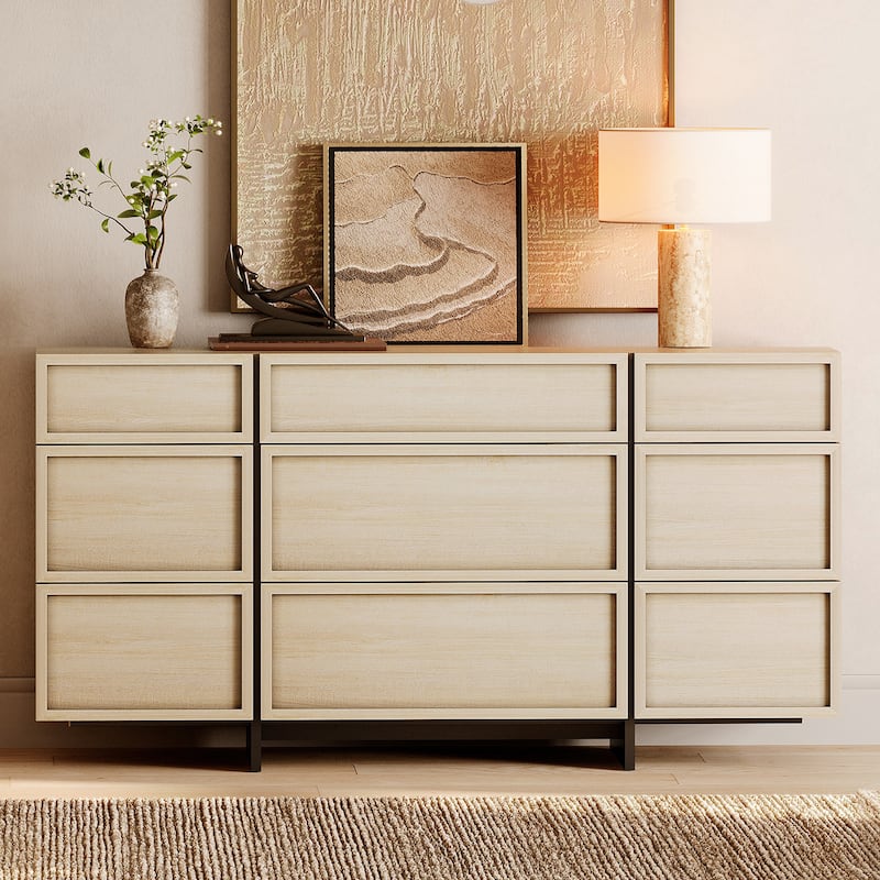 WAMPAT Modern Dresser With T-Shaped Legs - Wooden Storage Cabinet & Closet Organizer For Bedroom - Light Oak - 9-drawer