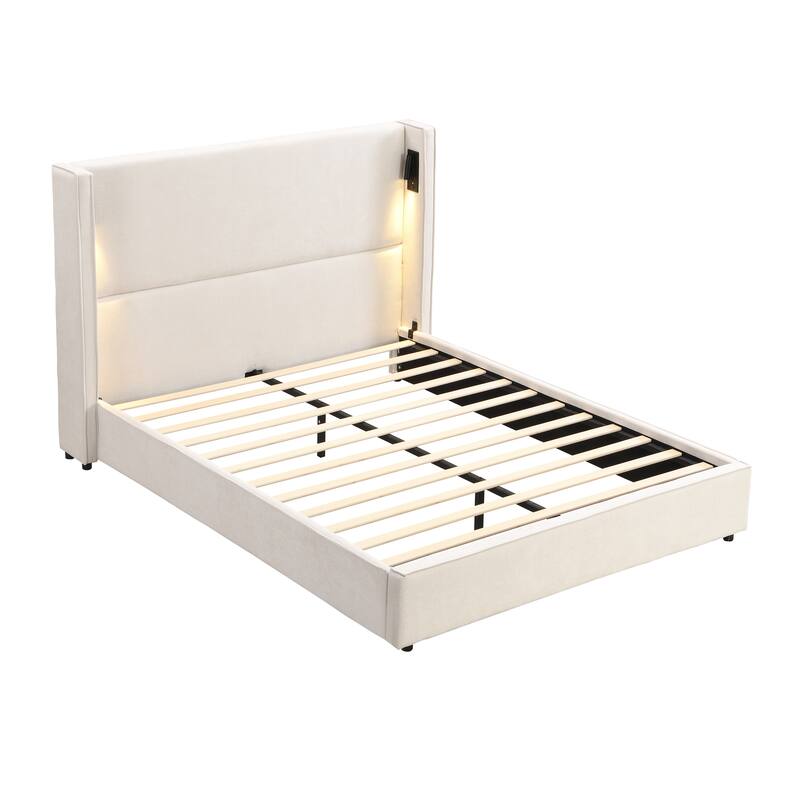 Beige Upholstered Bed Frame with High Wingback Headboard, Reading Lamp and USB Port, Low-Profile Platform Bed for Bedroom