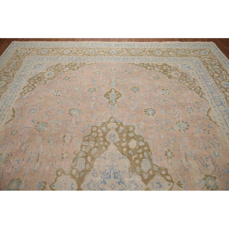 Hand Knotted Oriental 100% Wool Carpet Traditional Floral Pink Mashad Area Rug - 12' 9'' X 9' 5''