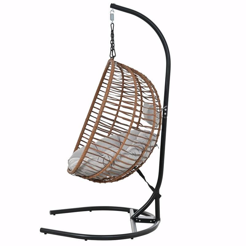 Single Person Folding Egg Chair with Stand, Indoor Outdoor Hanging Wicker Swing Chair with Adjustable Feet