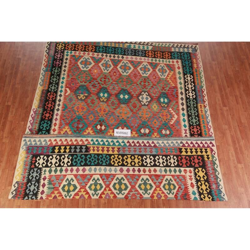 Reversible Kilim Oriental Area Rug Bedroom Hand-Woven Wool Carpet - 9'6"x 13'1"