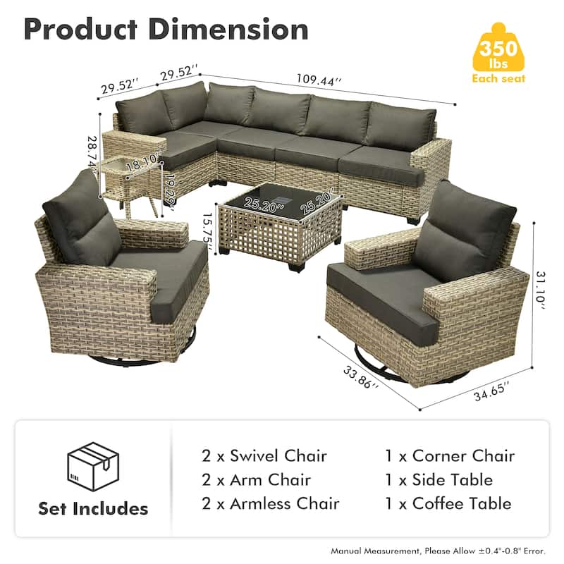 OVIOS 9 Pieces T shaped Seat Wide Armrest Swivel Chair Set With Solar-Powered Table