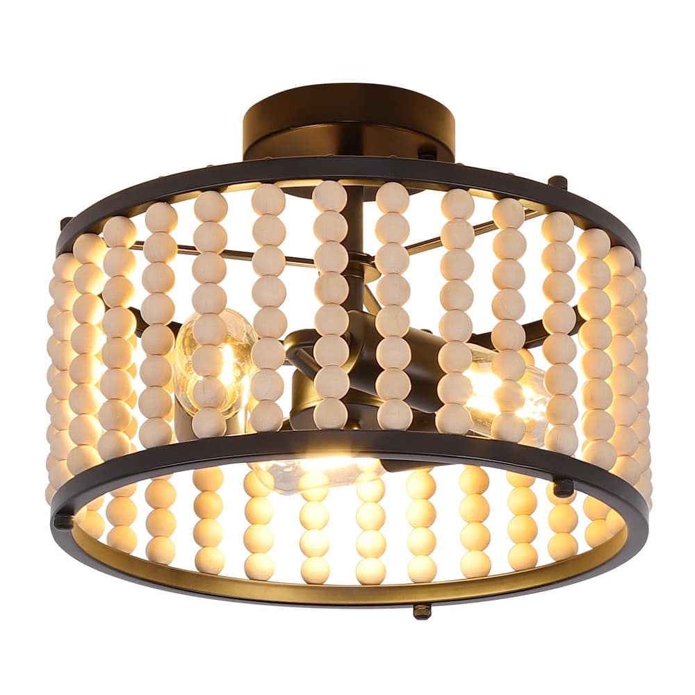 Starsky 3-light 12in. Bohemian Drum Ceiling Light Wood Bead Semi Flush Mount