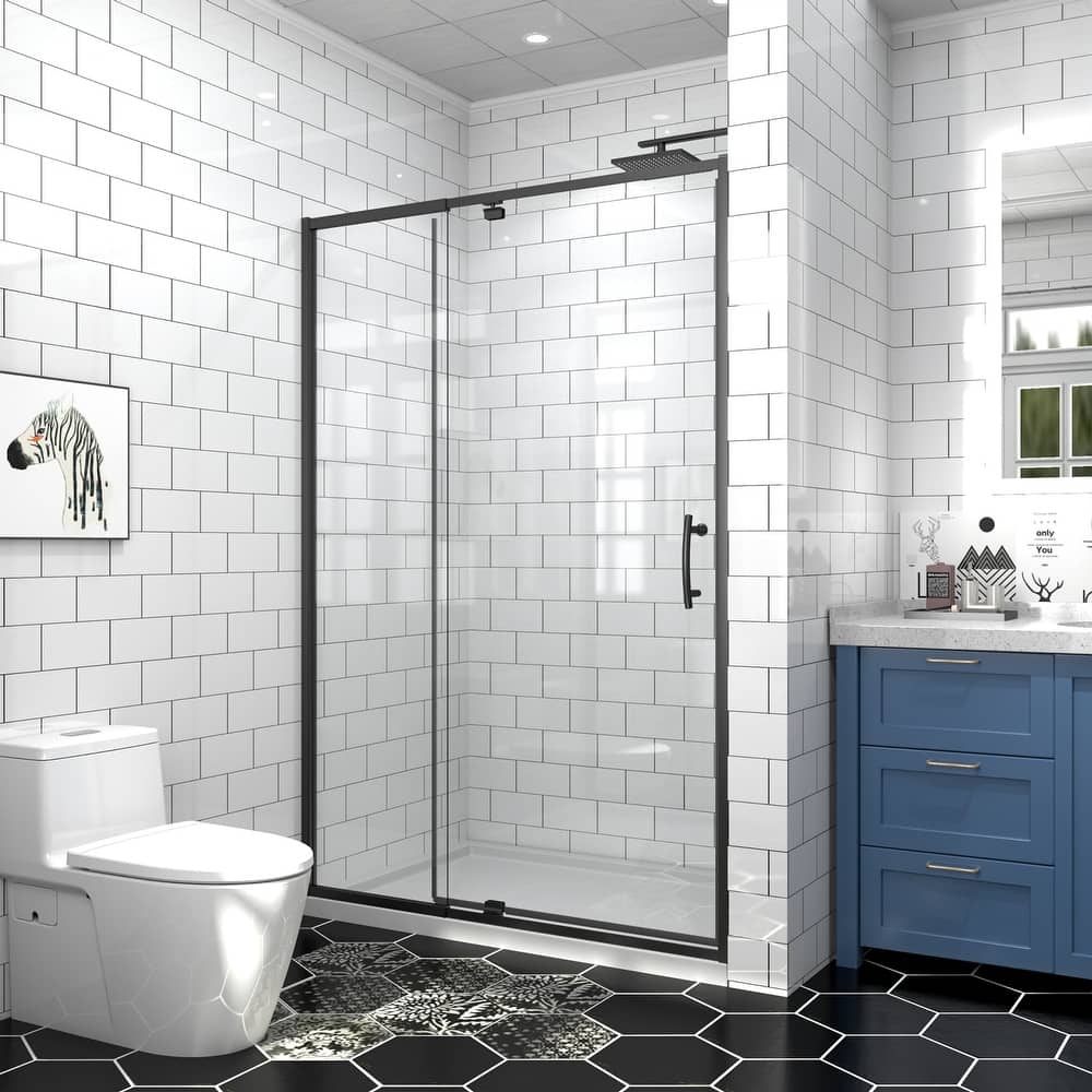 Modland 44-48''W x 71''H Pivot Frame Sliding Shower Door with 1/4"(6mm) Clear SGCC Tempered Glass in Black/Chrome/Nickel