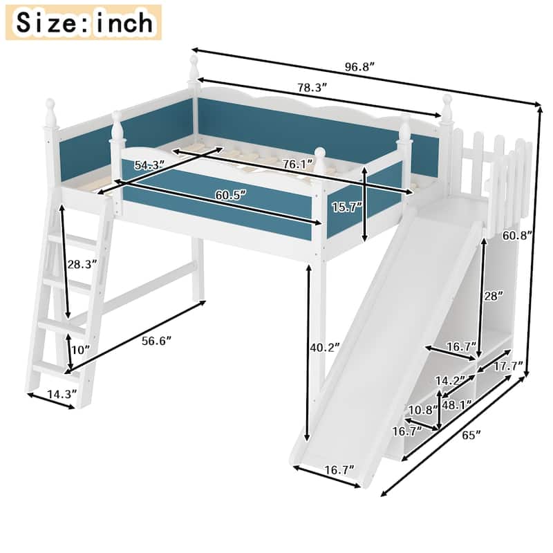 Full Loft Bed with Storage Shelves and Wardrobe, Solid Wood Loft Beds with Detachable Slide and Ladders, No Spring Box Needed