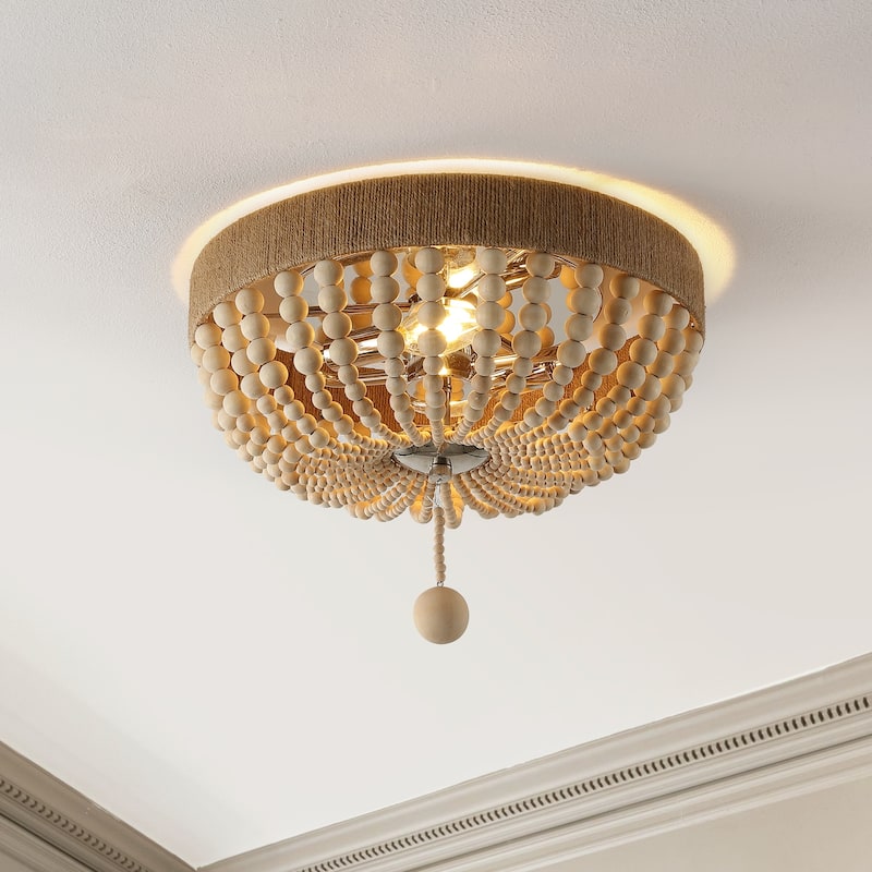 Norris Wood Bead 14" 2-Light Farmhouse Bohemian Iron LED Flush Mount, Light Taupe/Chrome by JONATHAN Y
