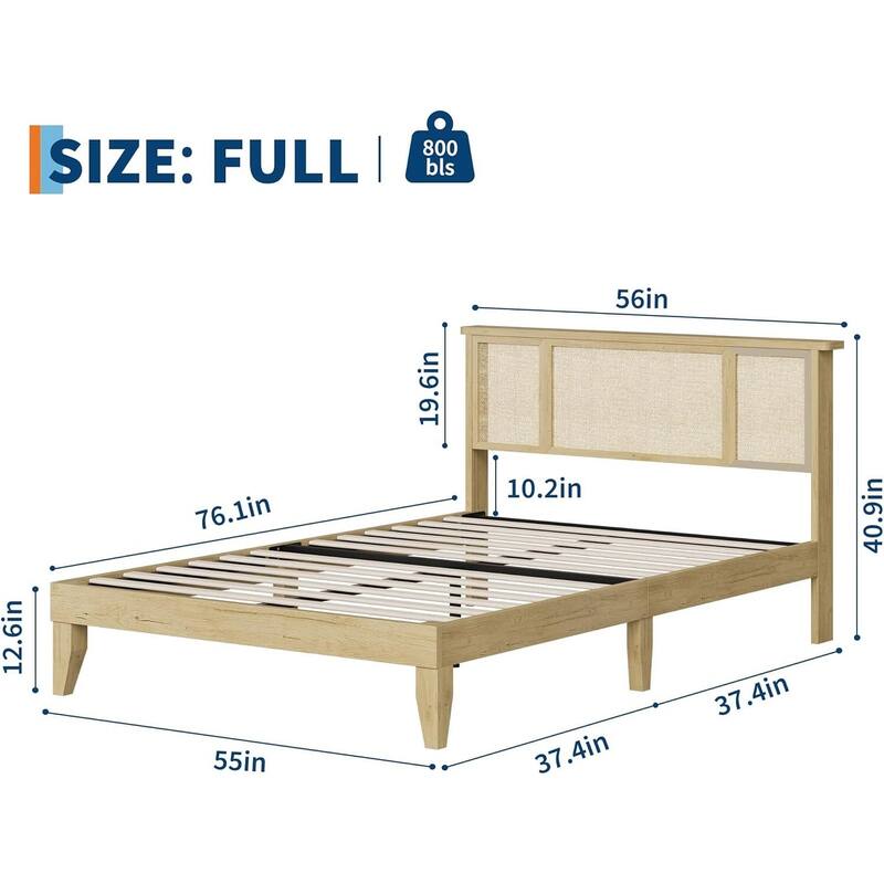 Boho-Style Platform Bed Frame with Natural Rattan Headboard, No Box Spring Required