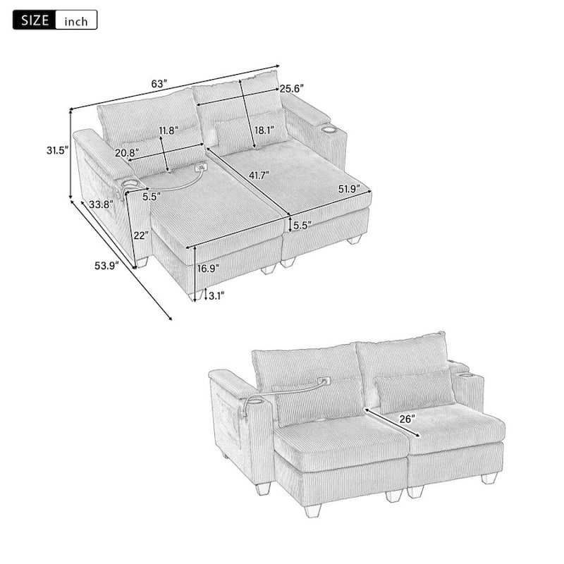 63" Corduroy Convertible Loveseat Sofa Bed with USB Ports, Two Cup Holders, A Phone Holder for Living Room
