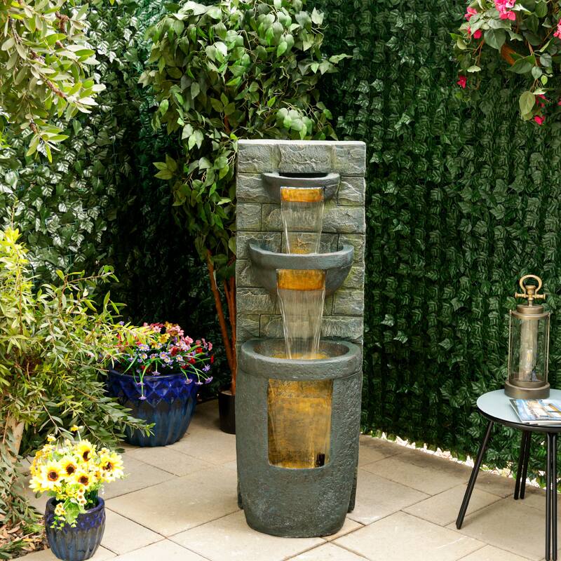 Alpine Corporation TZL384 51" 3-Tier Water Fountain with LED Lights, Elegant Cascading Water Feature Decorative Waterfall Gray