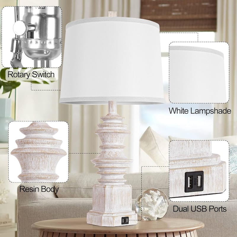 Table Lamps for Nightstand Set of 2, Bedside Lamp with Dual USB Charging Ports, Farmhouse Decor Table Lamps