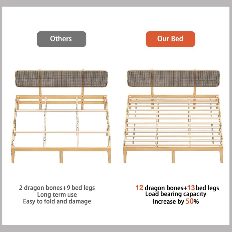Solid Wood Platform Bed Frame with Rattan Headboard, 600 lbs Heavy Duty Support, Plywood Slats Queen / Full Size