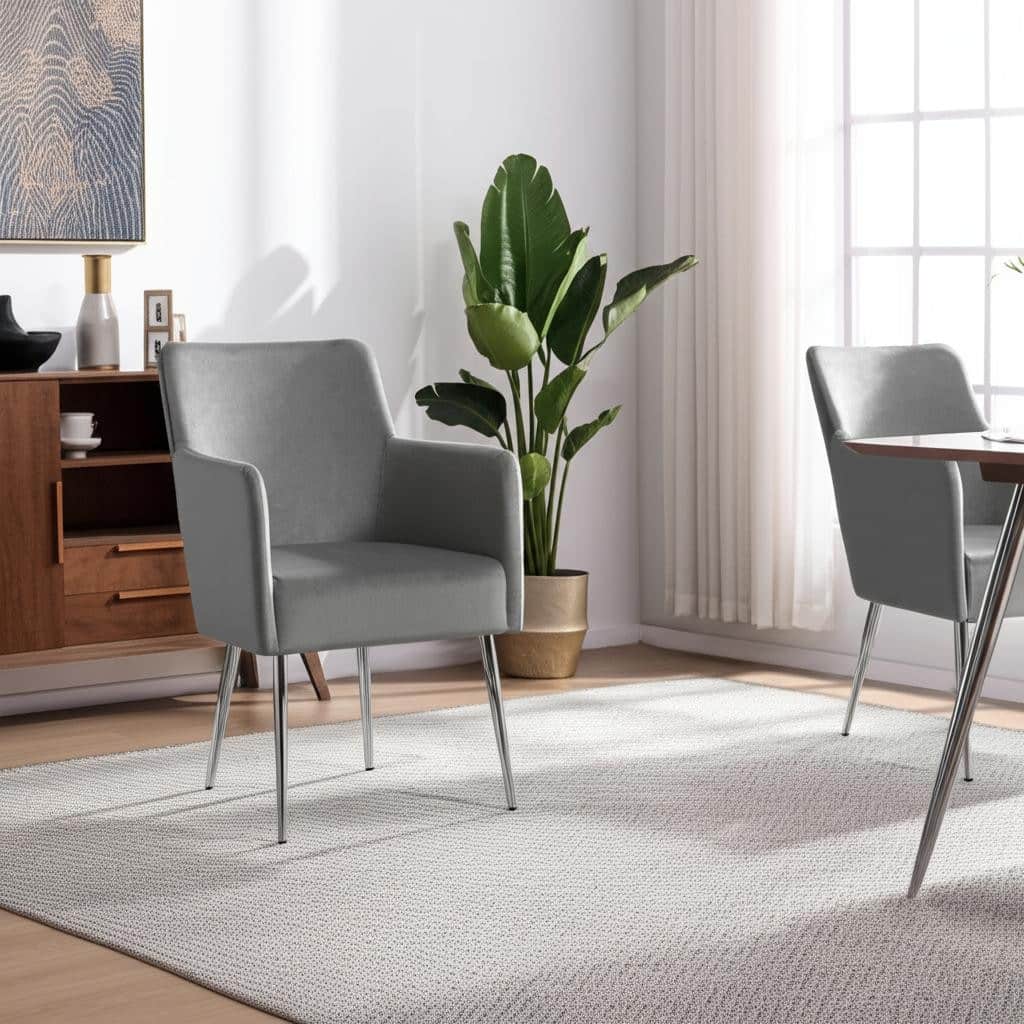 HomeRoots Set of Two Light Gray And Silver Upholstered Velvet Dining Arm Chairs - 25 in. x 33.5 in. x 22 in.