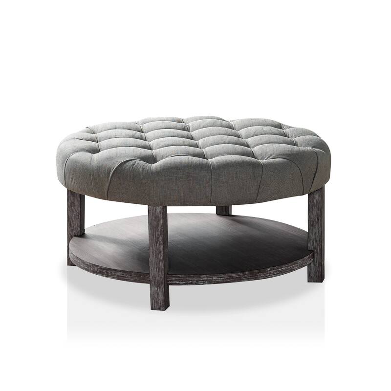 Aquines Farmhouse Round Gray Fabric Solid Wood Tufted Storage Cocktail Ottoman by Furniture of America
