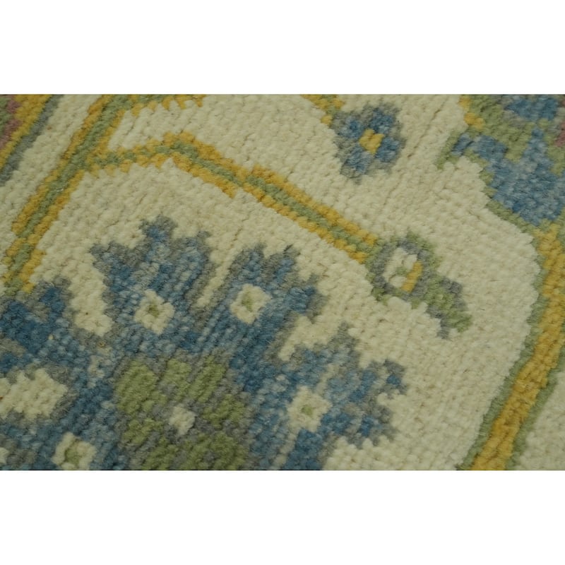 Floral Blue Oushak Vegetable Dye Area Rug, Floral Geometric Carpet - 9' 10'' X 8' 3''