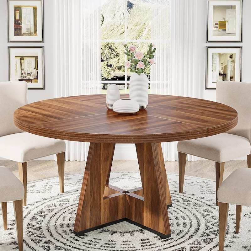 47" Round Farmhouse Dining Table -Wood Kitchen Table for 4, Cross Base Wooden Dinner Table for Dining Room, Breakfast Nook - Rustic Brown