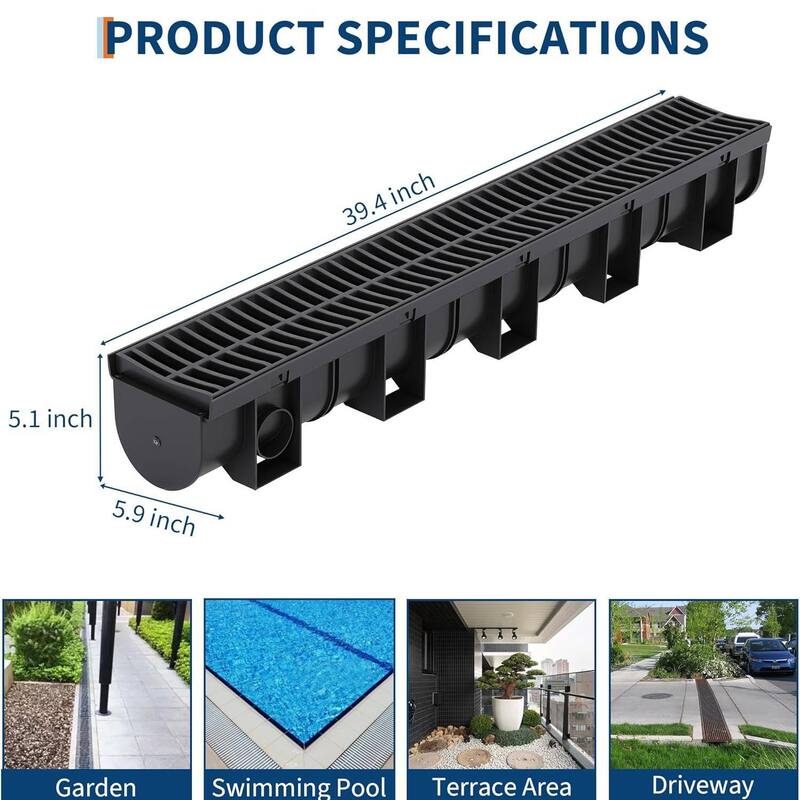 6-Piece High-Efficiency Surface Drainage Trench Drain System for Yard, Driveway, Garden, Patio & Sidewalk - N/A