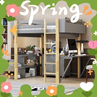 Full Size Loft Bed With Built-in Storage Cabinet and Cubes and Desk