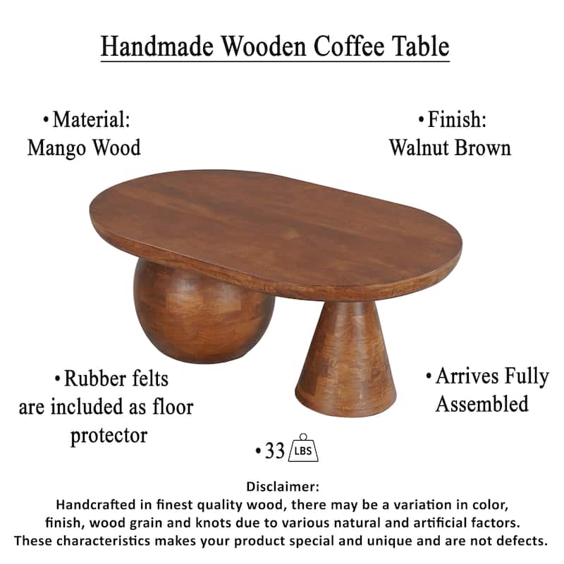 Leeds Coffee Table | 38" Handmade Walnut Brown Mango Wood Oval Top | Round Ball and Cone Base