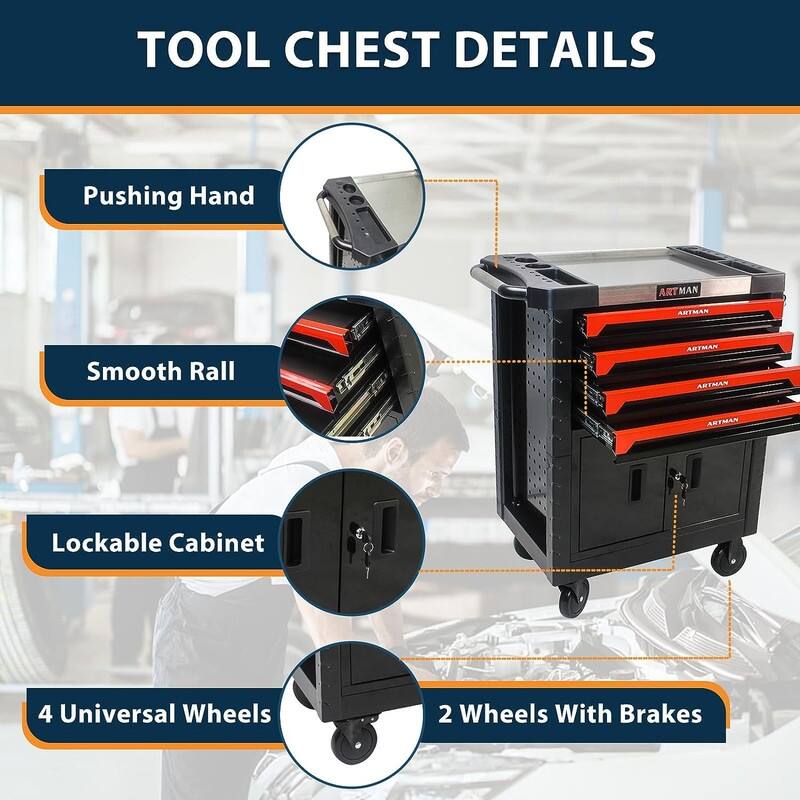 4 Drawers Rolling Tool Cart Chest with Lockable Garage Storage Cabinet