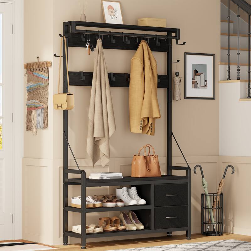 6-in-1 39.4"Hall Tree with Bench Entryway Shoe Rack w/24 Hooks & 2 Drawers