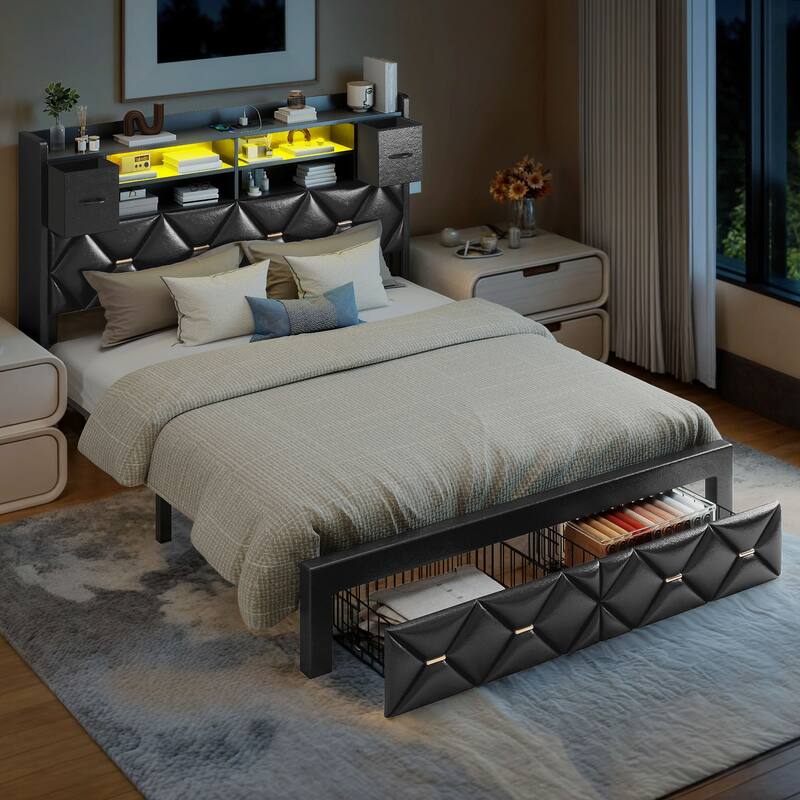 Black Farmhouse Bed Frame Upholstered Headboard Platform Bed with Charging Station