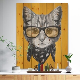 Designart 'Funny Cat With Glasses And Scarf' Traditional Wood Wall