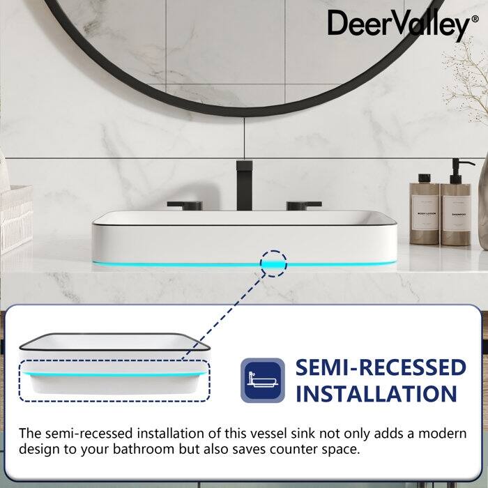 DeerValley Ally 12'' White Ceramic Rectangular Vessel Bathroom Sink