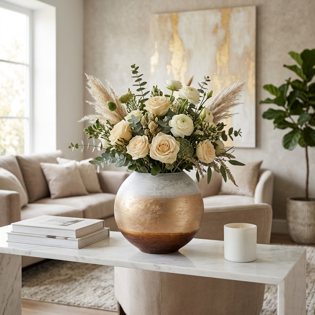 Decorative Vase - White/Gold Glass Sleek Round Ombre, 13 in.