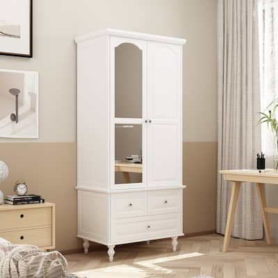 Tall Wooden Clothes Storage Cabinet with 2 Mirror for Bedroom Lacquer