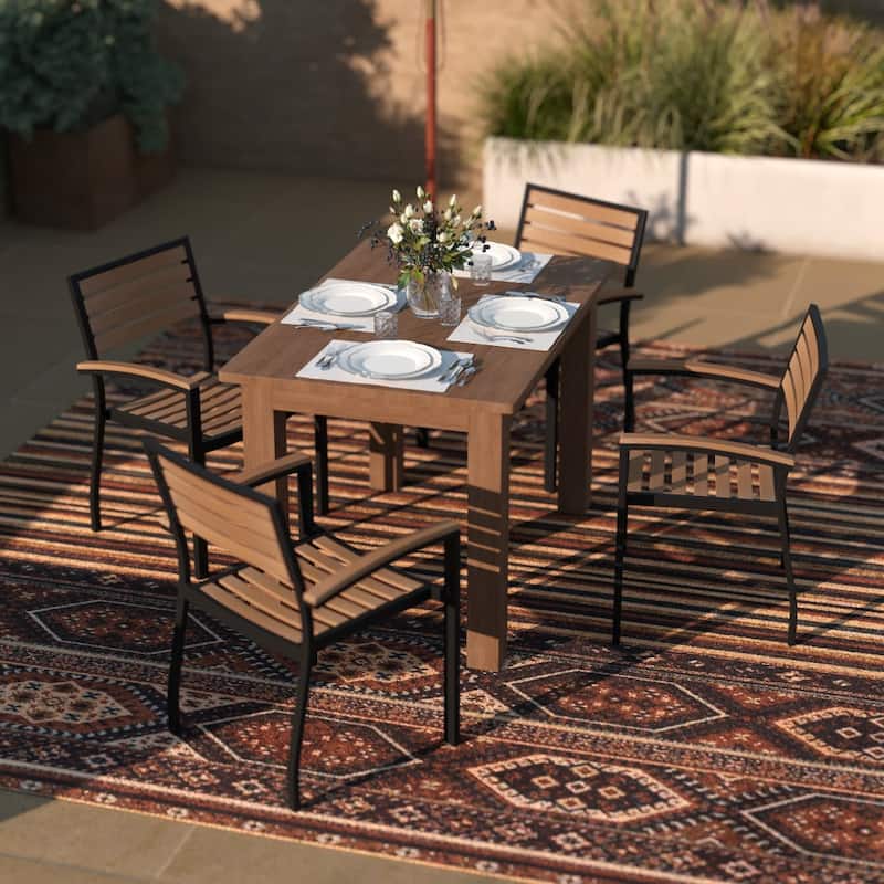 Set of 4 Stackable All-Weather Metal Patio Chairs with Faux Teak Slats