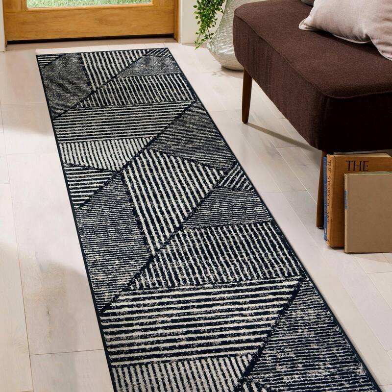 Contemporary Distressed Geometric Stylish Area Rug for Any Room - 2' 3" x 8' - Black