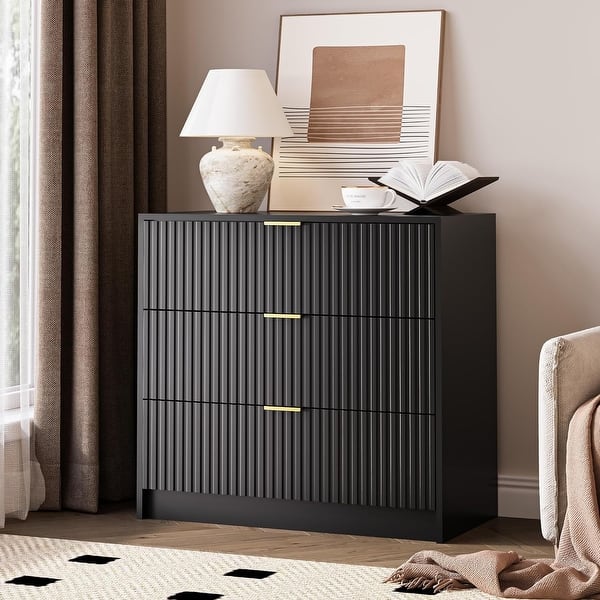 short dresser for end of bed 3 Drawer Fluted Dresser, 32 Inch Wide Nightstand with Large Drawer End Table for Bedroom