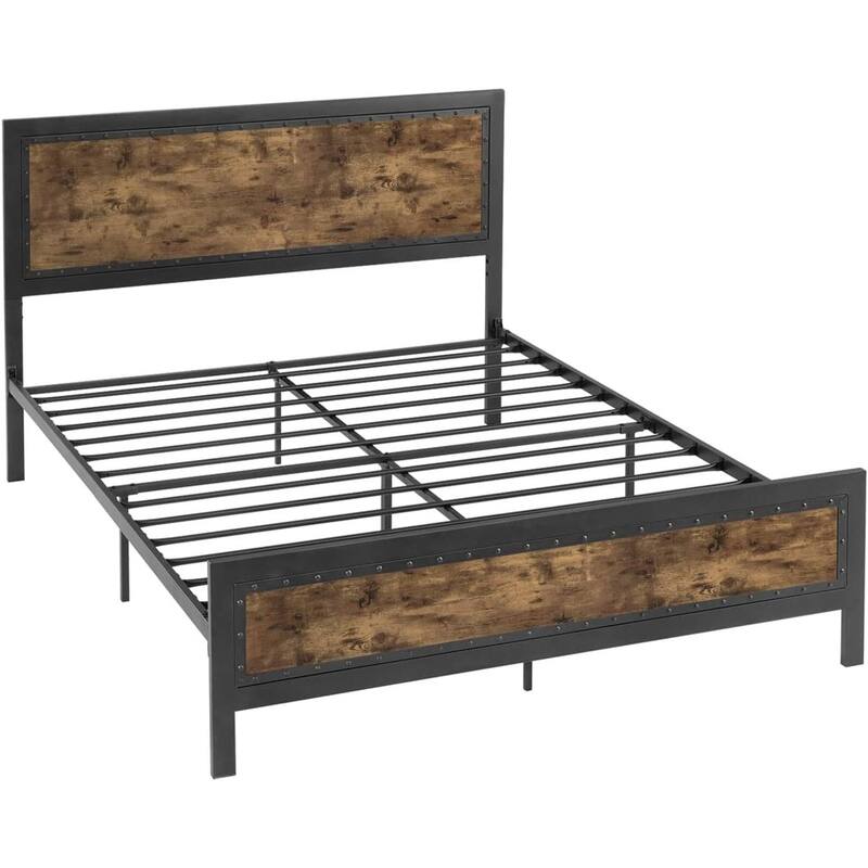Metal Platform Bed Frame with Rustic Headboard for Bedroom - Full