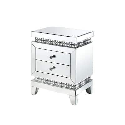 2 Drawer Mirror Inlay Accent Table with Faux Crystal Accents, Silver
