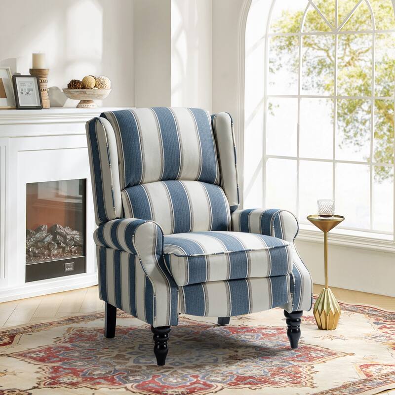Olympus Upholstered Classic Manual Wingback Recliner with Solid Wood Legs by HULALA HOME - STRIPE NAVY