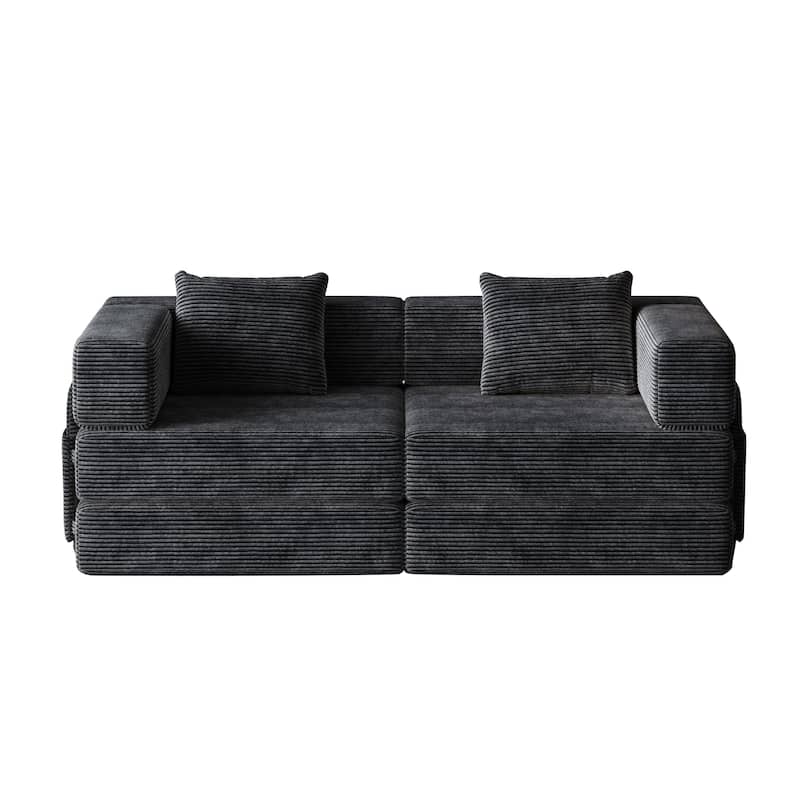 Folding Loveseat Sofa Convertible Sleeper Sofa Bed, Floor Standing Couch Bed Corduroy Floor Mats with Side Pockets and Pillows