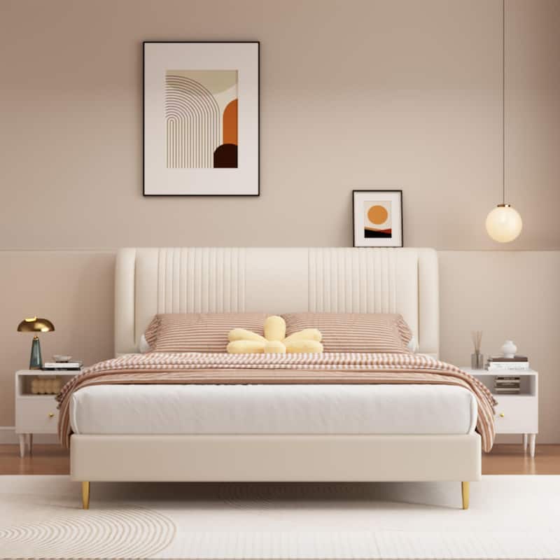 Anmytek White Nightstand with Drawer, Open Shelf, Gold Knob, Solid Wood Legs, Modern Bedside Table