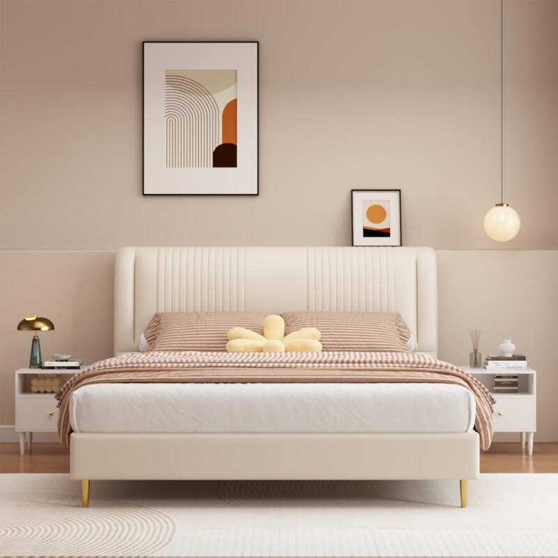 Modern Nightstand with Drawer and Open Shelf, Bedside Table with Gold Knob, Solid Wood Legs, Small End Table for Bedroom