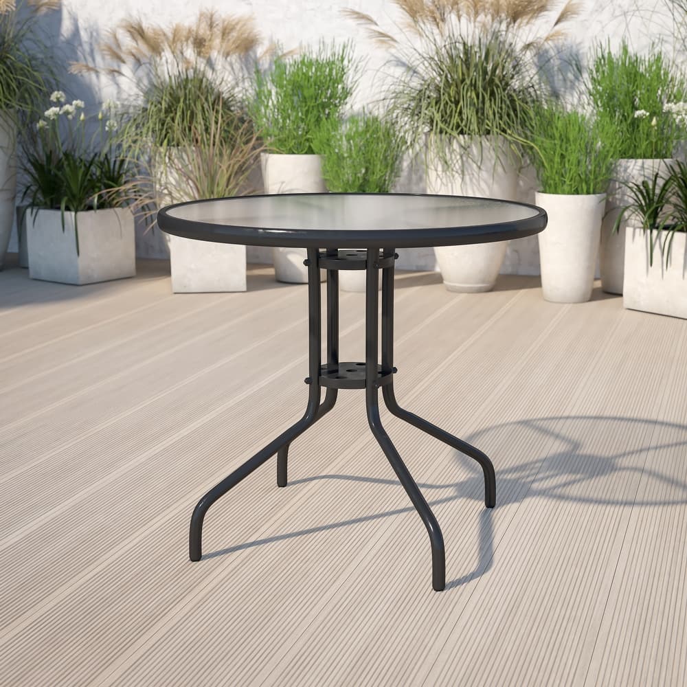 31.5" Round Tempered Glass Metal Table with Smooth Ripple Design Top