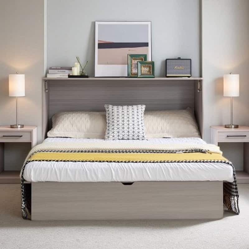 Queen Murphy Bed Cabinet with Storage Drawer, Foldable Foam Mattress, USB & AC Charging Ports, Smooth Glide System