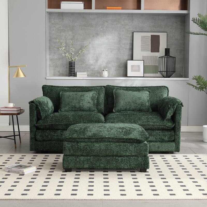 76'' Oversized Chenille Loveseat Sofa with Movable Ottoman Small Sofa for Apartment