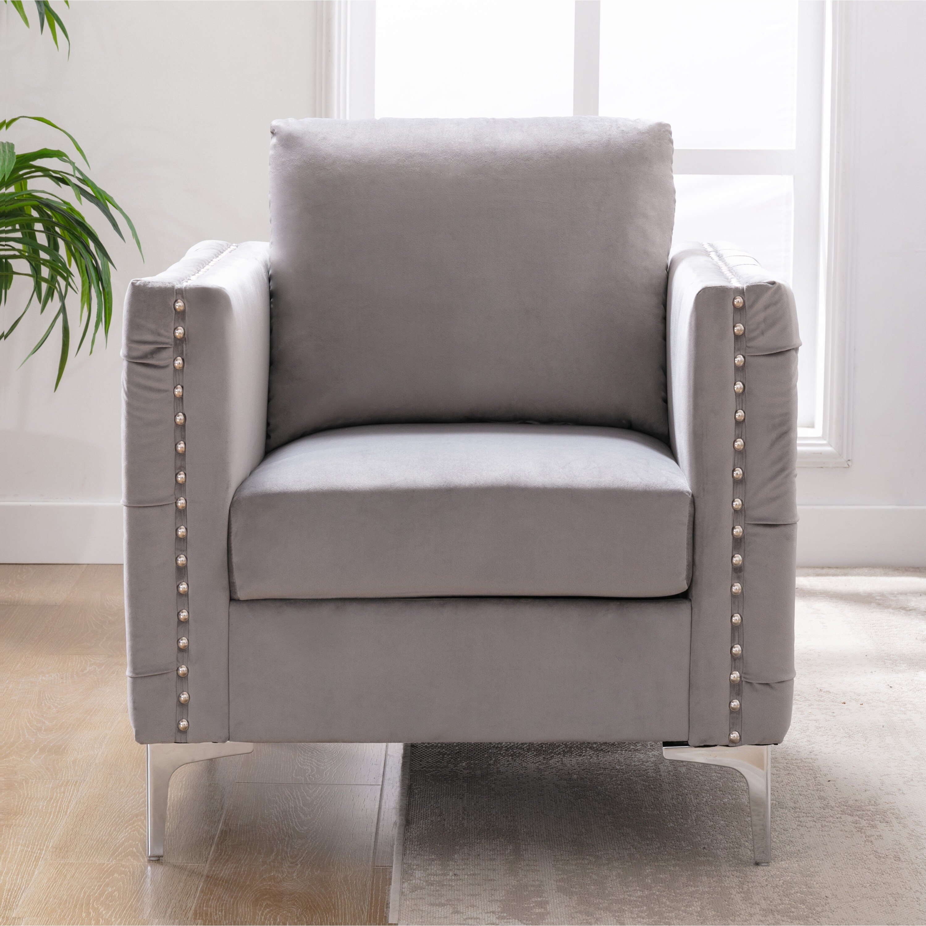 Velvet Armchair Accent Chairs with Steel Legs Comfy Tufted Club